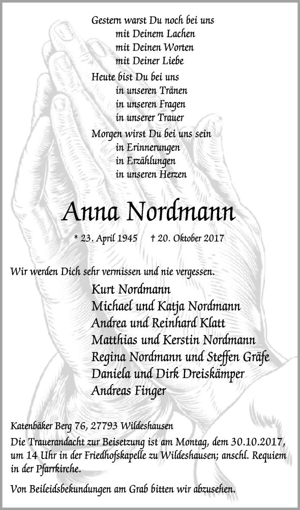  Traueranzeige für Anna Nordmann vom 24.10.2017 aus SYK