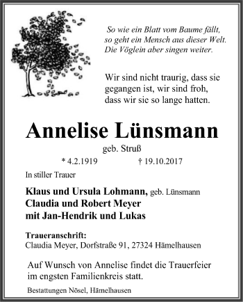 Traueranzeige von Annelise Lünsmann von SYK