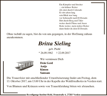 Traueranzeige von Britta Sieling von SYK