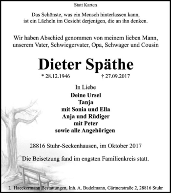 Traueranzeige von Dieter Späthe von SYK