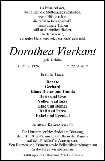 Traueranzeige von Dorothea Vierkant von SYK