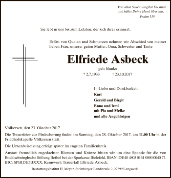 Traueranzeige von Elfriede Asbeck von SYK