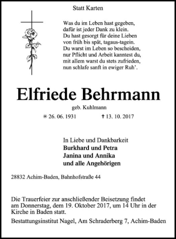 Traueranzeige von Elfriede Behrmann von SYK