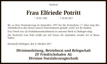 Traueranzeige von Elfriede Potritt von SYK