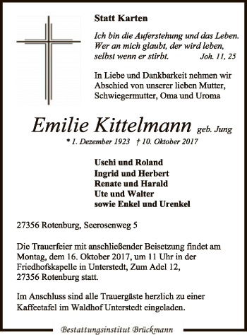 Traueranzeige von Emilie Kittelmann von SYK