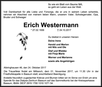 Traueranzeige von Erich Westermann von SYK