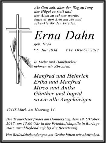 Traueranzeige von Erna Dahn von SYK