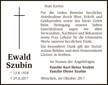 Traueranzeige von Ewald Szubin von SYK