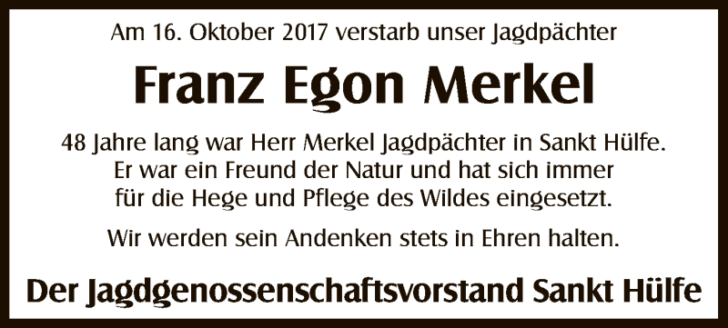  Traueranzeige für Franz Egon Merkel vom 18.10.2017 aus SYK