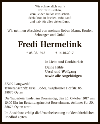 Traueranzeige von Fredi Hermelink von SYK