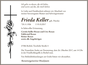 Traueranzeige von Frieda Keller von SYK