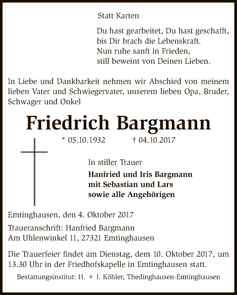  Traueranzeige für Friedrich Bargmann vom 06.10.2017 aus SYK
