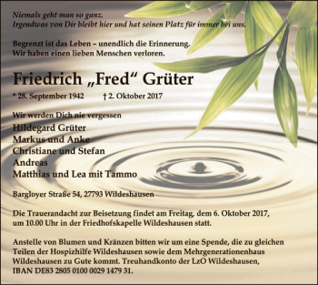 Traueranzeige von Friedrich Grüter von SYK