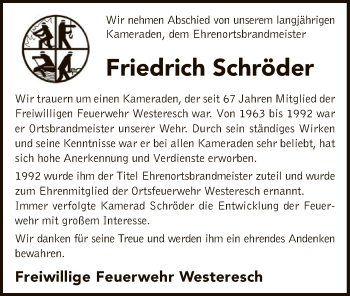 Traueranzeige von Friedrich Schröder von SYK