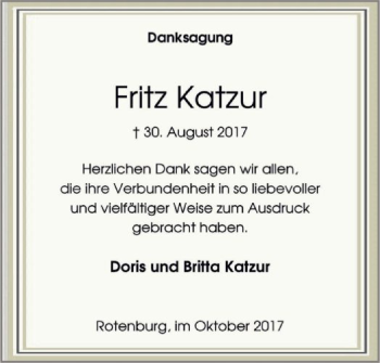 Traueranzeige von Fritz Katzur von SYK