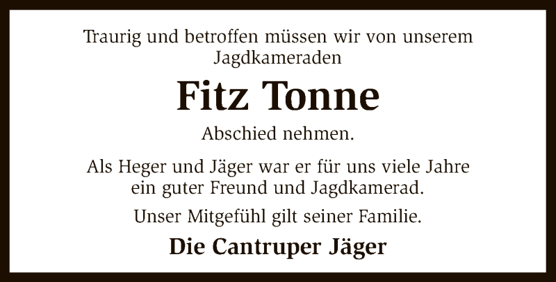  Traueranzeige für Fritz Tonne vom 26.10.2017 aus SYK