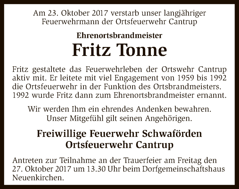  Traueranzeige für Fritz Tonne vom 26.10.2017 aus SYK