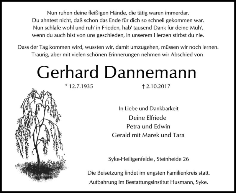  Traueranzeige für Gerhard Dannemann vom 05.10.2017 aus SYK