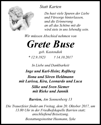 Traueranzeige von Grete Buse von SYK