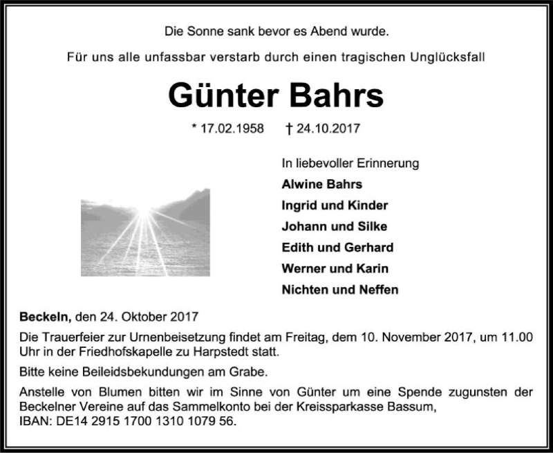  Traueranzeige für Günter Bahrs vom 28.10.2017 aus SYK