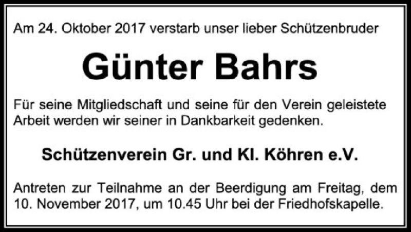  Traueranzeige für Günter Bahrs vom 28.10.2017 aus SYK