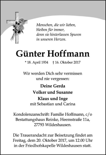 Traueranzeige von Günter Hoffmann von SYK