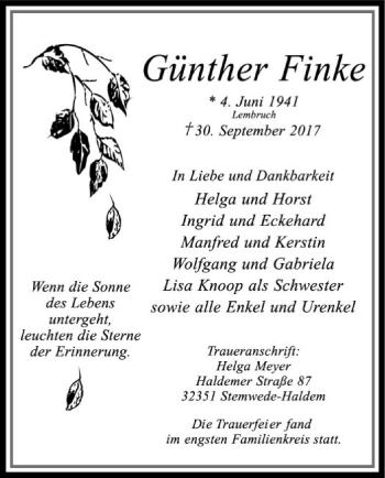 Traueranzeige von Günther Finke von SYK