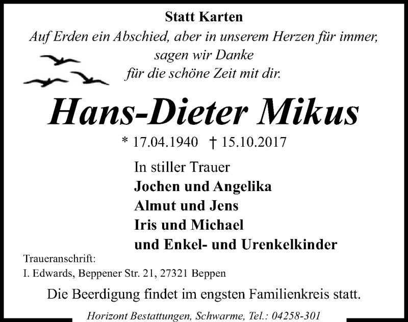  Traueranzeige für Hans-Dieter Mikus vom 19.10.2017 aus SYK