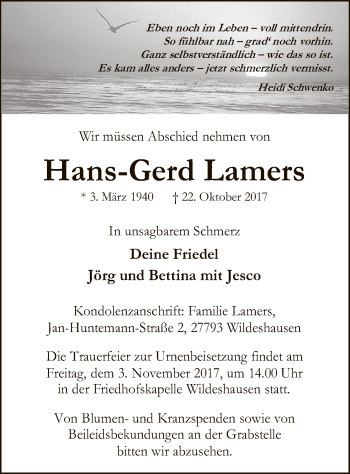 Traueranzeige von Hans-Gerd Lamers von SYK