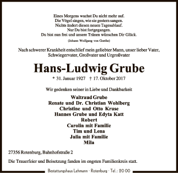 Traueranzeige von Hans-Ludwig Grube von SYK