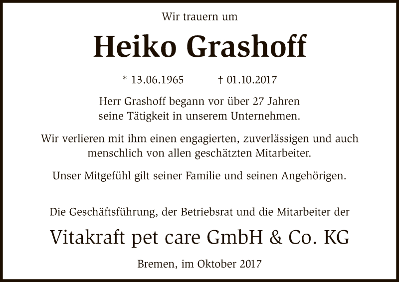  Traueranzeige für Heiko Grashoff vom 07.10.2017 aus SYK