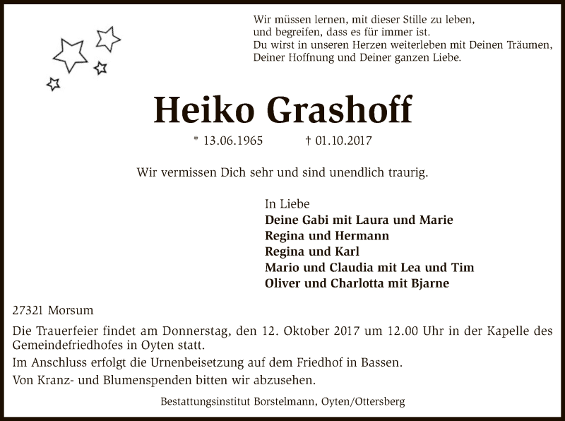  Traueranzeige für Heiko Grashoff vom 05.10.2017 aus SYK