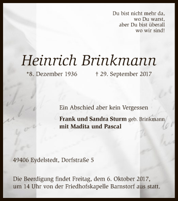 Traueranzeige von Heinrich Brinkmann von SYK