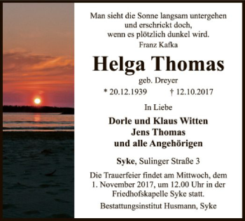 Traueranzeige von Helga Thomas von SYK