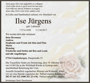 Traueranzeige von Ilse Jürgens von SYK