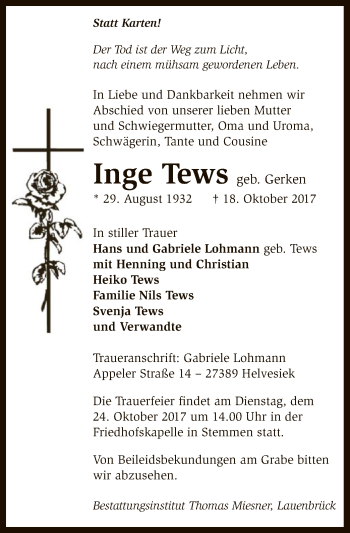 Traueranzeige von Inge Tews von SYK