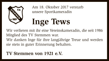 Traueranzeige von Inge Tews von SYK