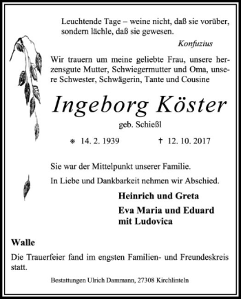 Traueranzeige von Ingeborg Köster von SYK