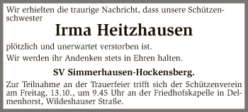 Traueranzeige von Irma Heitzhausen von SYK