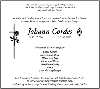 Traueranzeige von Johann Cordes von SYK