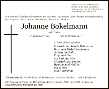 Traueranzeige von Johanne Bokelmann von SYK