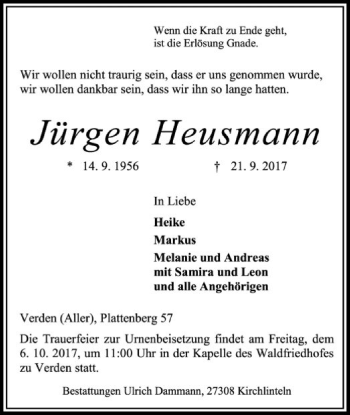 Traueranzeige von Jürgen Heusmann von SYK