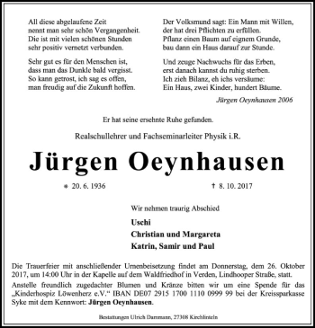 Traueranzeige von Jürgen Oeynhausen von SYK