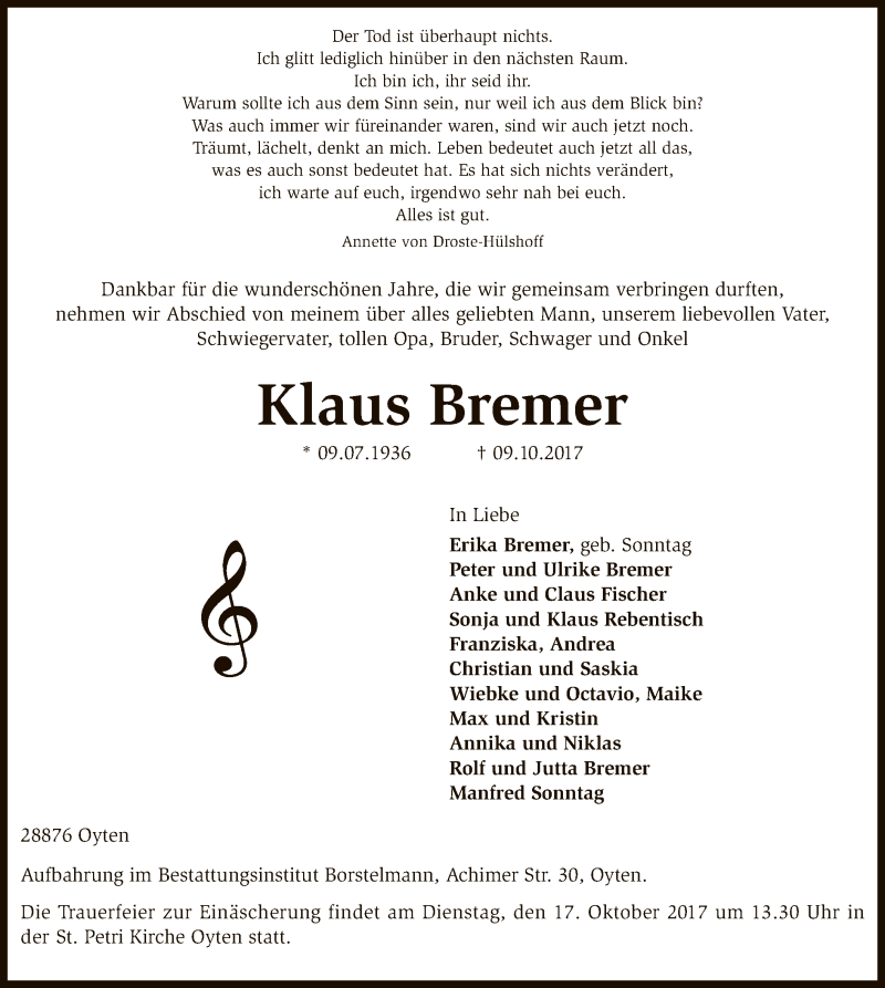  Traueranzeige für Klaus Bremer vom 12.10.2017 aus SYK