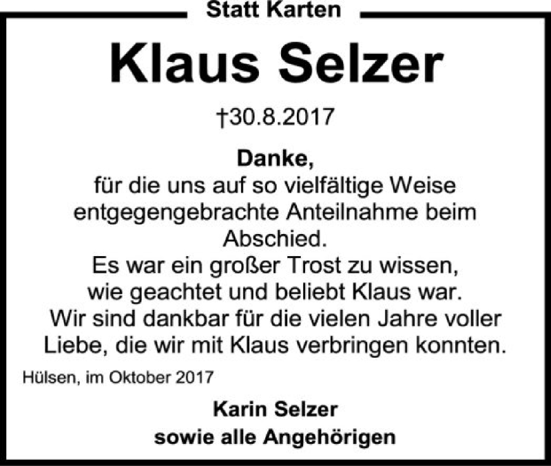  Traueranzeige für Klaus Selzer vom 07.10.2017 aus SYK