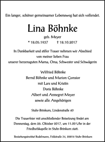 Traueranzeige von Lina Böhnke von SYK