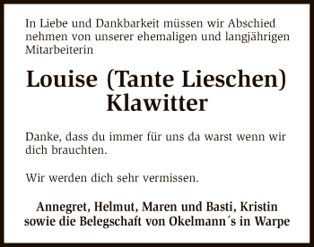 Traueranzeige von Louise Klawitter von SYK