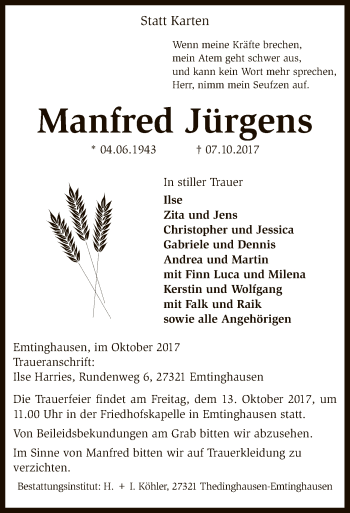 Traueranzeige von Manfred Jürgens von SYK