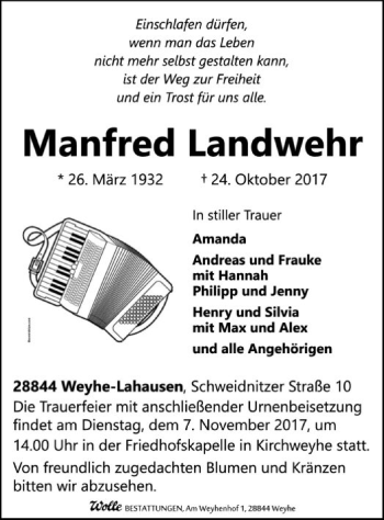 Traueranzeige von Manfred Landwehr von SYK