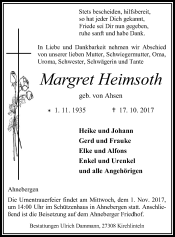 Traueranzeige von Margret Heimsoth von SYK